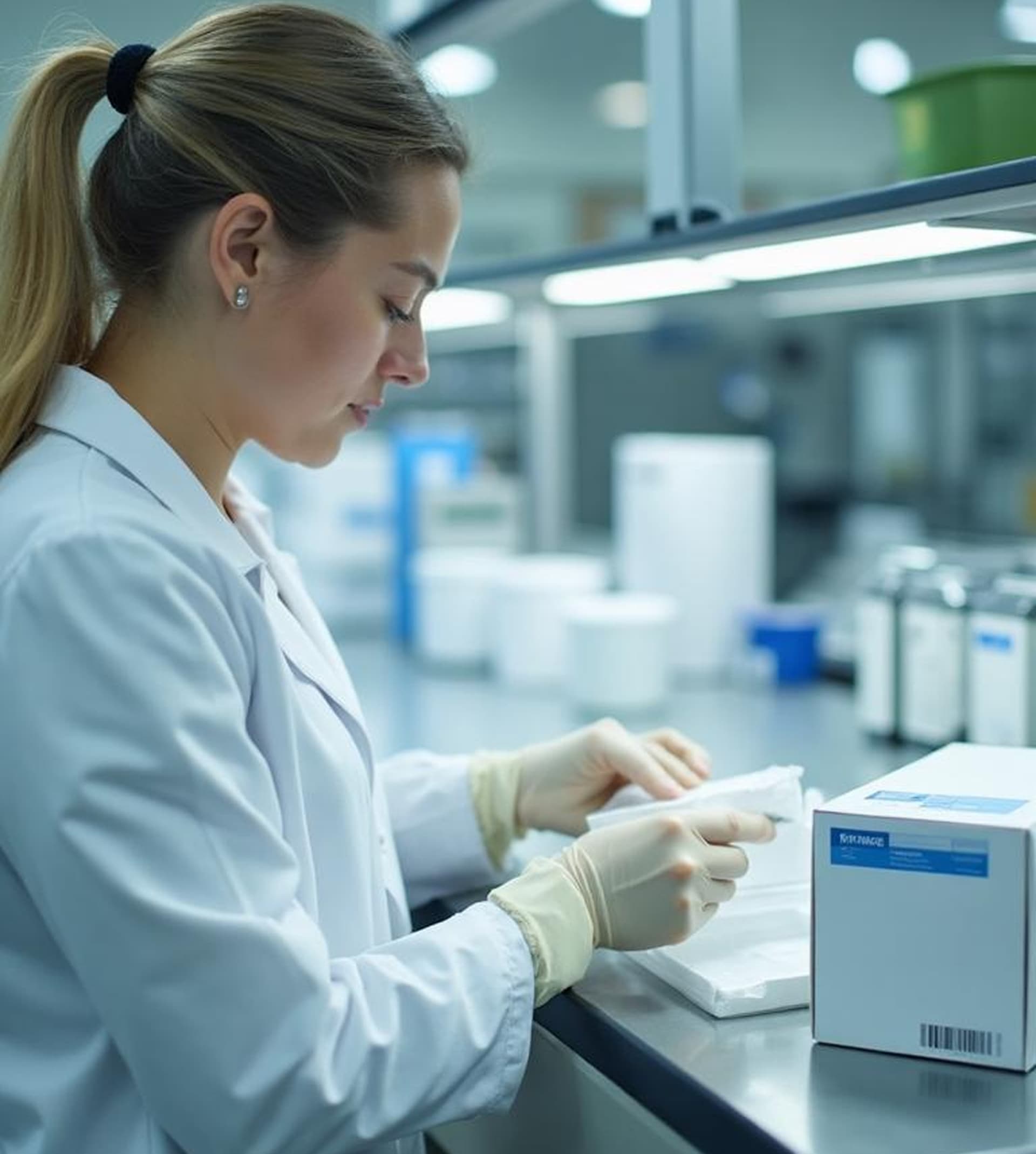 Professional examining aseptic packaging in laboratory